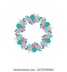 Easter flower wreath . Festive Easter frame with decorated eggs and flowers and symbols of bright Easter