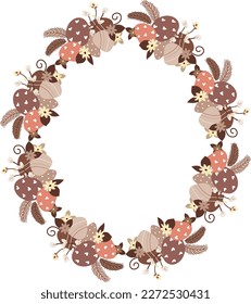 Easter flower wreath . Festive Easter frame with decorated eggs and flowers and symbols of bright Easter
