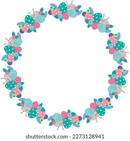 Easter flower wreath . Festive Easter frame with decorated eggs and flowers and symbols of bright Easter