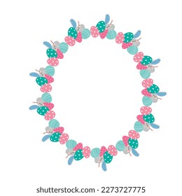 Easter flower wreath . Festive Easter frame with decorated eggs and flowers and symbols of bright Easter