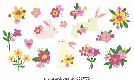 Easter flowers and bunnies. Set of vector simple modern illustrations in flat style. Colored Easter flowers and rabbits on the white background