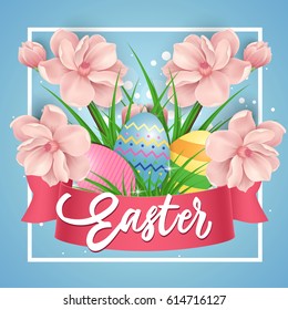 Easter with flowers and eggs in frame