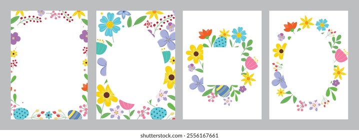 Easter flowers frame clipart poster background set. Happy easter flower clip art collection with colorful, abstract and pastel border decoration design. Vector illustration floral drawing frame set.
