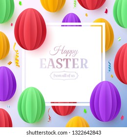 Easter flyer, background or poster with colorful paper eggs in origami style. Paper art, digital craft style