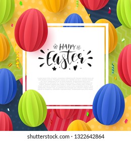 Easter flyer, background or poster with colorful paper eggs in origami style. Paper art, digital craft style