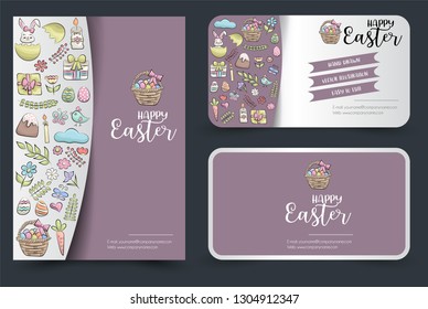 Easter flyer and business cards set. Background for advertisement, invitation, brochure template. Hand drawn doodle cartoon style spring holiday concept. Vector illustration.