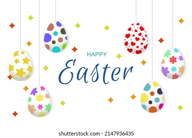 Volante de Pascua con huevos colgados. Banner brillante de Pascua con un título escrito a mano. Ilustración de material vectorial.