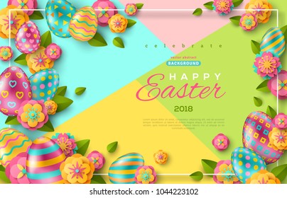 Easter flyer template with paper cut flowers, leaves and eggs. Thin frame on bright colorful geometric background. Vector illustration. 