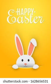 Easter flyer. Template for your project. Cartoon cute bunny looking out of a cut hole. Vector illustration. EPS 10