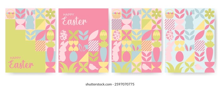 Easter flyers, banners. Easter items in simple geometric shapes, geometry minimalistic style for card, invitation, poster, flyer, web design	