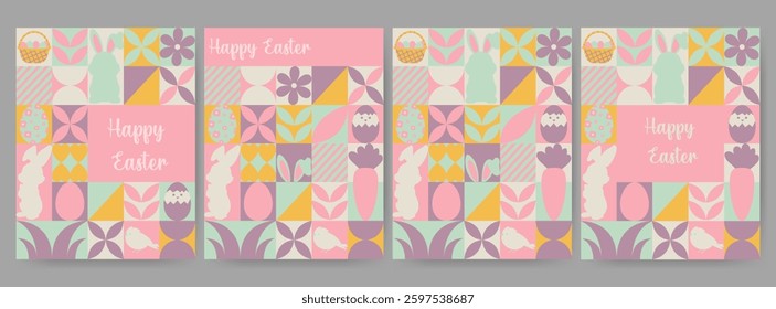 Easter flyers, banners. Easter items in simple geometric shapes, geometry minimalistic style for card, invitation, poster, flyer, web design