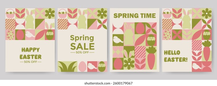 Easter flyers, banners. Easter items in simple geometric shapes, geometry minimalistic style for card, invitation, poster, flyer, web design	
