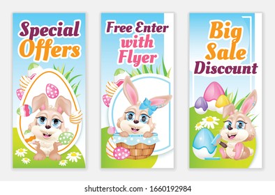 Easter flyers flat vector templates set. Pascha special offers, discounts printable leaflet design layout with bunny cartoon characters. Advertising web vertical banner, sale social media stories