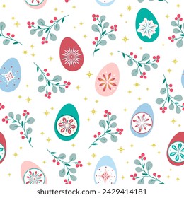 Easter folk art ornament. Vector seamless pattern with branches, stars and eggs. Scandinavian collection. Fabric textile print