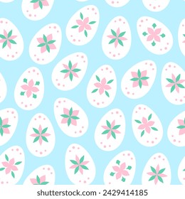Easter folk art ornament. Vector seamless spring pattern of eggs with petals. Spring background. Fabric textile print