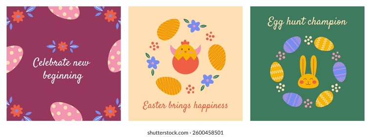 Easter folk elegant greeting card with egg, floral circle frame of set. Springtime holiday poster, postcard rustic festive ornament design. Vector illustration collection