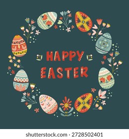 Easter folk greeting card with hand drawn egg wreath, flowers and festive lettering. Scandinavian folk style vector illustration for greetings cards, spring holiday invitations and Easter celebrations