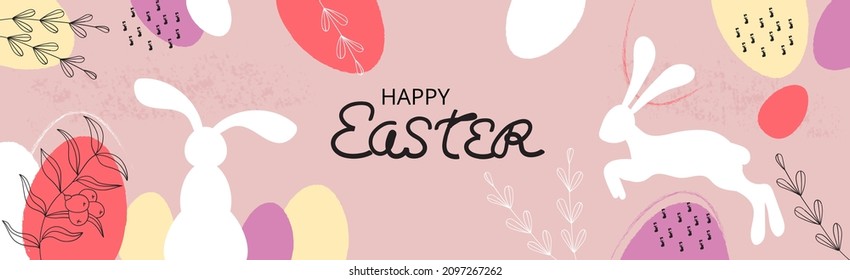 Easter folk rabbits vector set. Organic hand drawn flowers, leaves. Painted Easter bunny, egg collection. Minimal bohemian style illustration.