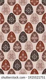 Easter folksy eggs seamless vector pattern. Illustration of decorative painted Boho Easter eggs for textile or wrapping surface. Traditional Easter ornament for Christian spring holidays.