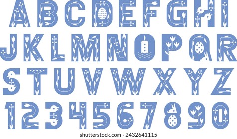 Easter Font. Minimalist bold font. Letters and numbers. flat style 