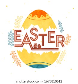 Easter Font with Watercolor Effect Egg and Leaf Branch on White Background.
