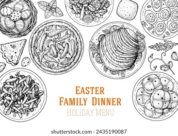 Easter food hand drawn sketch. Vector illustration. Festive table with Easter food. Engraved illustration. Menu set.