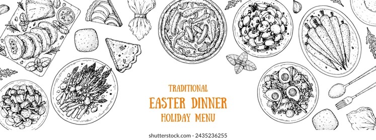 Easter food hand drawn sketch. Vector illustration. Festive table with Easter food. Engraved illustration. Menu set.