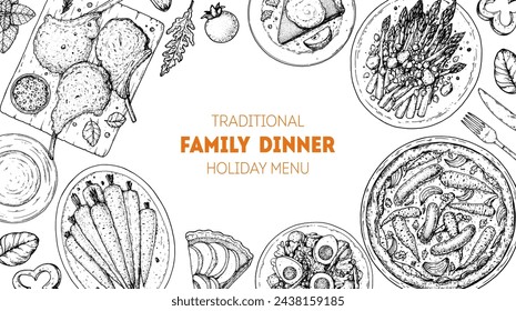 Easter food hand drawn sketch. Vector illustration. Festive table with Easter food. Engraved illustration. Menu set.	