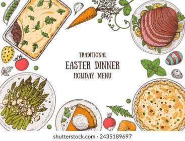 Easter food hand drawn. Vector illustration. Festive table with Easter food. Hand drawing illustration. Menu set