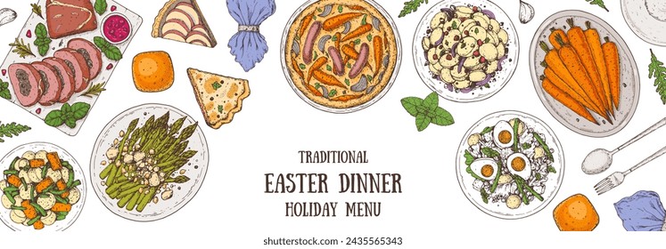 Easter food hand drawn. Vector illustration. Festive table with Easter food. Hand drawing illustration. Menu set.	