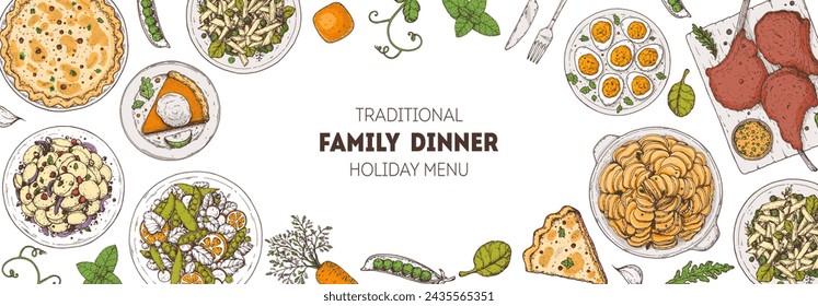 Easter food hand drawn. Vector illustration. Festive table with Easter food. Hand drawing illustration. Menu set.	