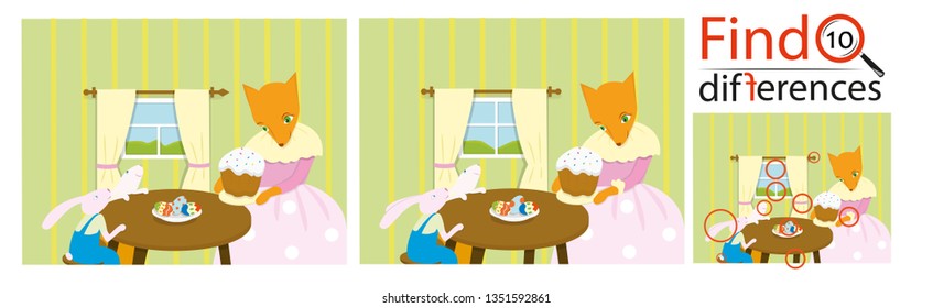 Easter, fox and rabbits. Find 10 differences game.