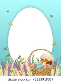 Easter frame with Easter basket, Easter cake, eggs on a blue background with flowers and butterflies. Easter card, background, vector