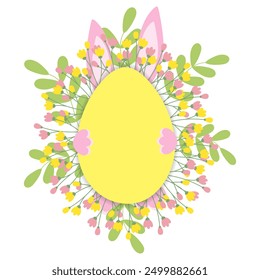 Easter frame border with twigs, flowers and bunny ears, paws behind Isolated on white. Copy space