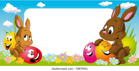 easter frame with bunnies and smilig eggs