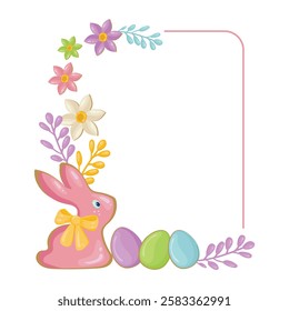 Easter frame with bunny, colorful eggs and spring flowers. Template for design of congratulations with happy easter. Vector background for celebration and invitation to traditional holiday.
