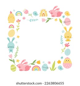 Easter frame with bunny, eggs, rainbow, flowers