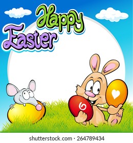 easter frame with bunny, mouse and eggs