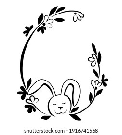 Easter frame with bunny, twigs, leaves and flowers drawn in black. Stock vector illustration isolated on a white background.