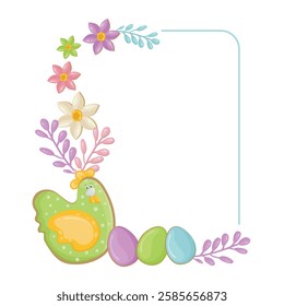 Easter frame with chicken, colorful eggs and spring flowers. Template for Easter greetings. Vector background for celebration and invitation to traditional holiday.