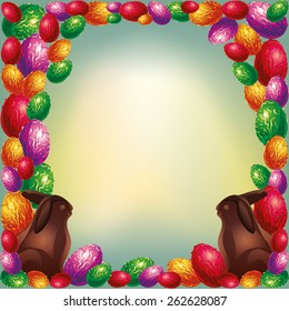 Easter frame with chocolate eggs and rabbits