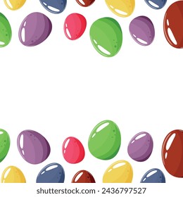 Easter frame with colorful eggs, namely yellow, blue, purple, pink colors, bottom and top for poster, banner or holiday card