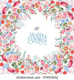 Easter frame with contour flowers and eggs. Template for your design, greeting cards, festive announcements, posters.
