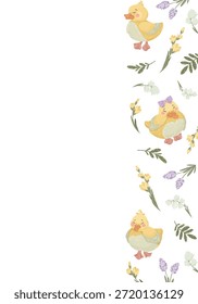 Marco de Pascua con patitos lindos en un nido y flores de primavera, Ilustración vectorial dibujada a mano. Plantilla de marco para una tarjeta de felicitación de vacaciones.