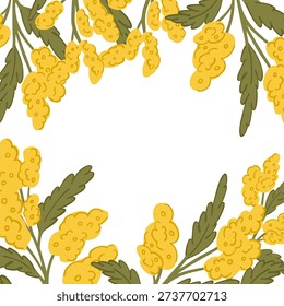 Easter frame for decoration and congratulations with branches of yellow mimosa