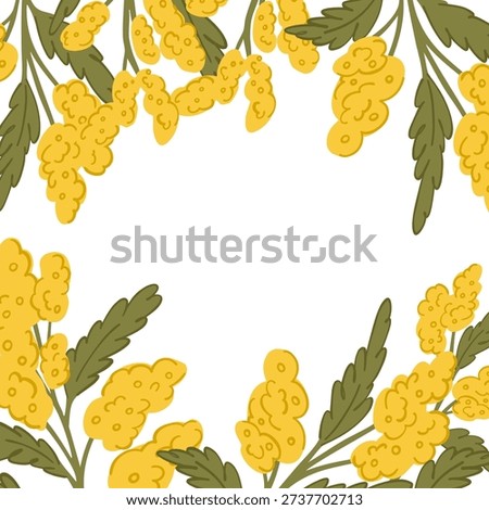 Easter frame for decoration and congratulations with branches of yellow mimosa