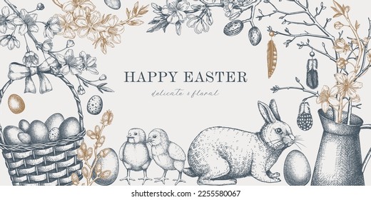 Easter frame design with cute characters and spring decor elements. Hand-drawn bunnies, eggs, chickens, flowers, and flowering trees background. Vector banner template with vintage holiday sketches