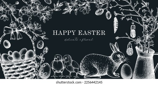 Easter frame design with cute characters and spring decor elements. Hand drawn bunnies, eggs, chickens, flowers and flowering trees background. Vector template with Holiday sketches on chalkboard
