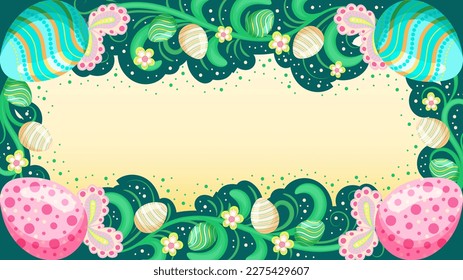 Easter frame design with eggs, flowers and leaf ornament with place for text. Banner template, greeting card, flyer, poster, post, advertisement, cover with space for text.Vector image of foliage 