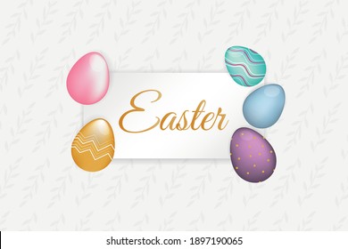 Easter frame design with gold lettering and colored Easter eggs patterns. Vector illustration